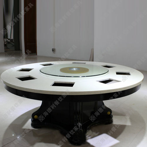 大理石电磁炉火锅桌圆形实木餐桌橡木圆桌酒店家用吃饭火锅桌中式