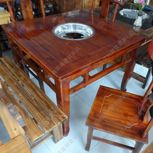 实木燃气火锅桌椅 饭店农家乐餐桌椅 电磁炉煤燃气灶 火锅条桌